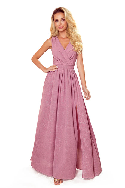 362-1 JUSTINE Langes Kleid mit Ausschnitt und Krawatte - Puderrosa mit Glitzer