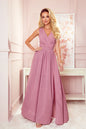 362-1 JUSTINE Langes Kleid mit Ausschnitt und Krawatte - Puderrosa mit Glitzer