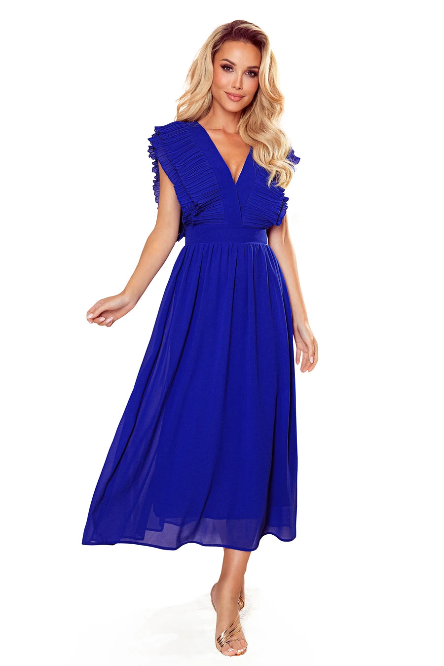 367-2 YANA Midikleid mit plissierten Rüschen und Ausschnitt