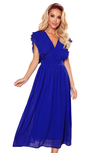 367-2 YANA Midikleid mit plissierten Rüschen und Ausschnitt
