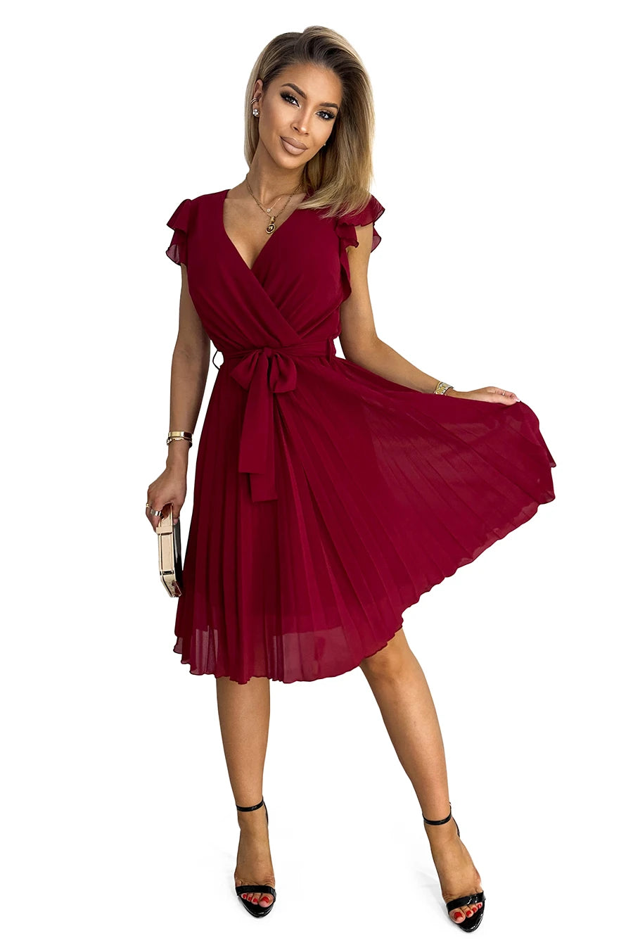 374-2 POLINA Faltenkleid mit Ausschnitt und Rüschen - weinrote Farbe