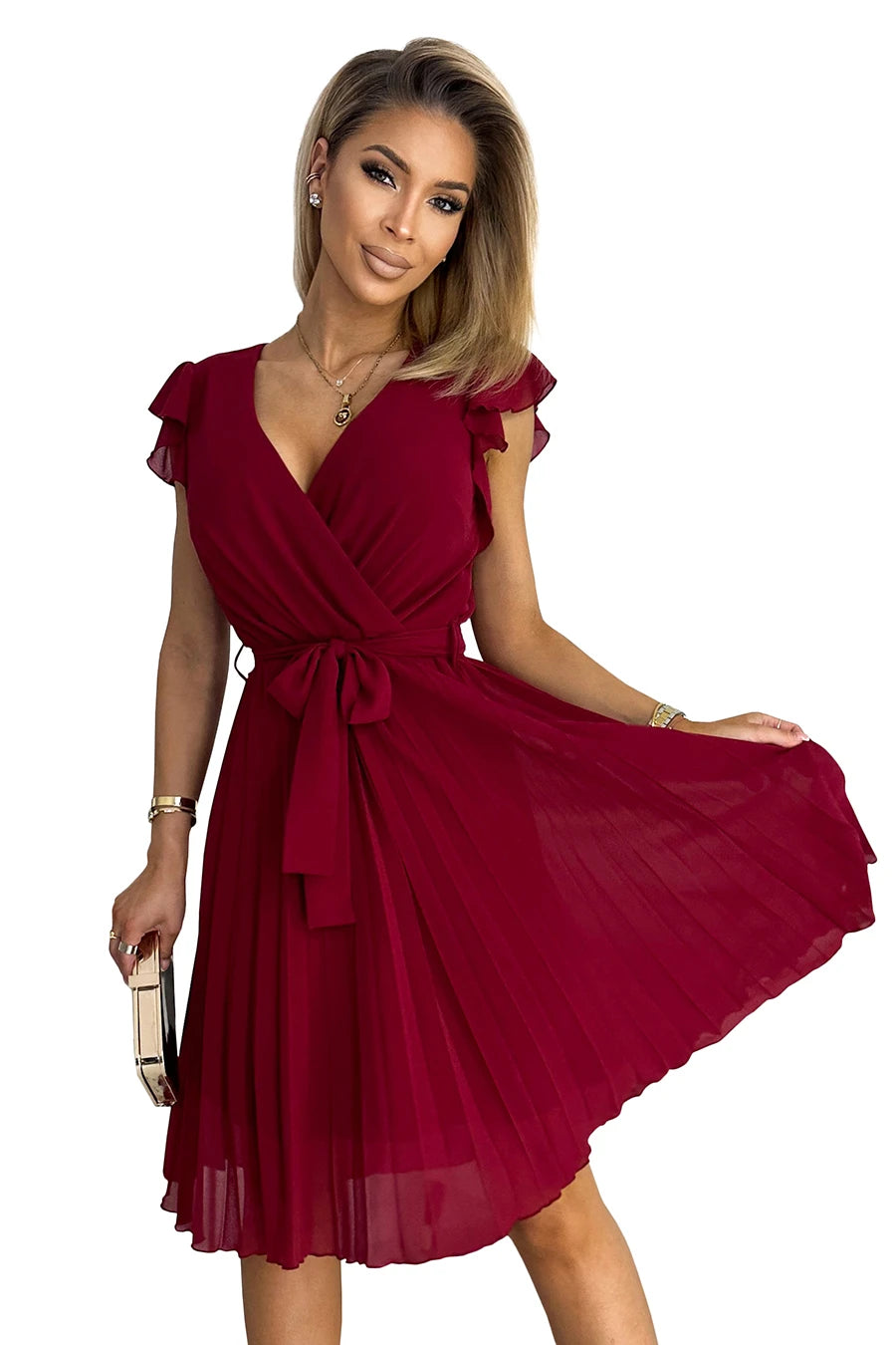 374-2 POLINA Faltenkleid mit Ausschnitt und Rüschen - weinrote Farbe