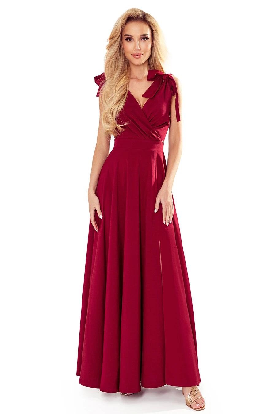 405-1 ELENA Langes Kleid mit Ausschnitt und Bändern an den Schultern - weinrote Farbe