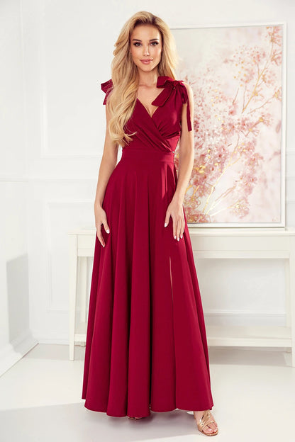405-1 ELENA Langes Kleid mit Ausschnitt und Bändern an den Schultern - weinrote Farbe