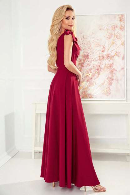 405-1 ELENA Langes Kleid mit Ausschnitt und Bändern an den Schultern - weinrote Farbe
