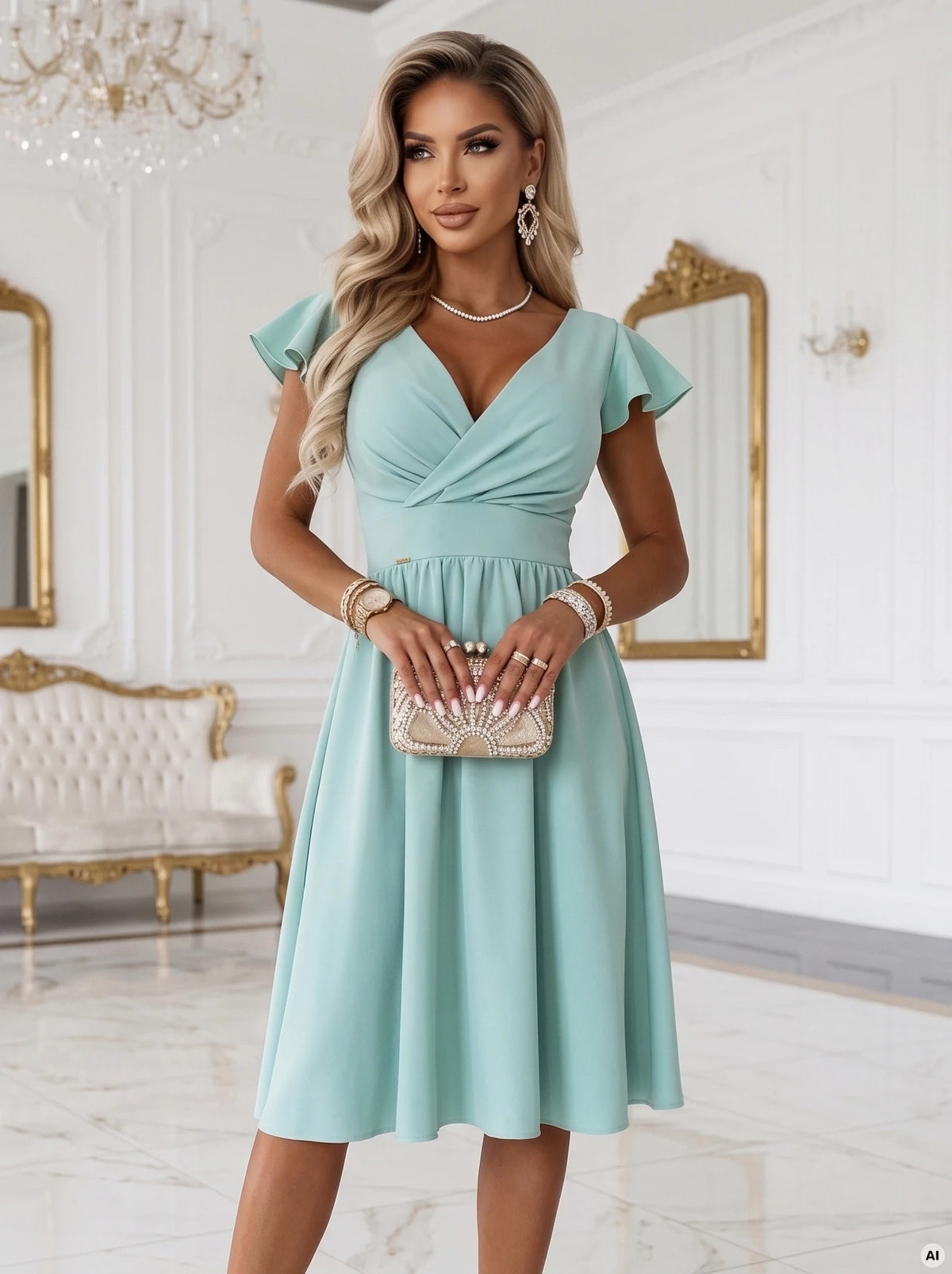 425-17 MATILDE Kleid mit Ausschnitt und kurzem Ärmel - Pistaziengrün