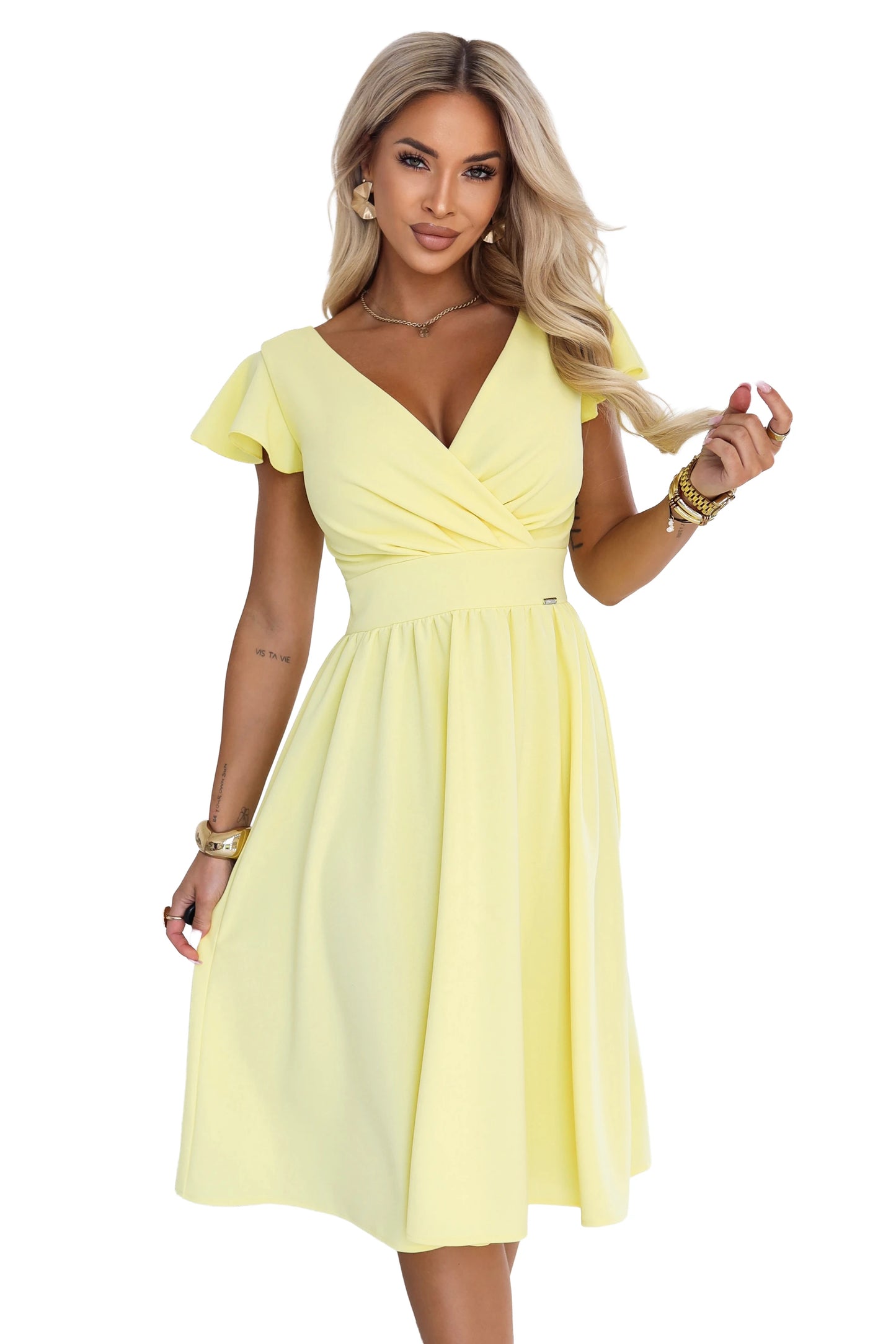 425-18 MATILDE Kleid mit Ausschnitt und kurzem Ärmel - buttergelb