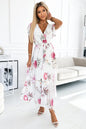 434-6 LISA Plissee-Midikleid mit Ausschnitt und Rüschen - Frühlingsblumen auf weißem Hintergrund