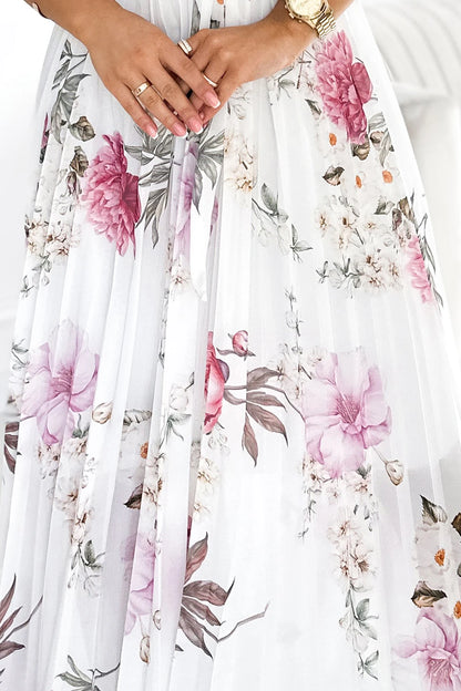 434-6 LISA Plissee-Midikleid mit Ausschnitt und Rüschen - Frühlingsblumen auf weißem Hintergrund