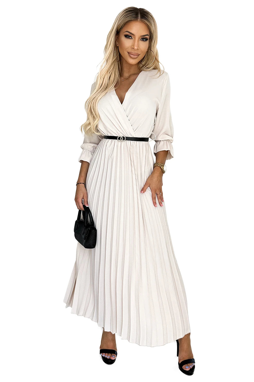 462-1 SERENA Plissiertes Maxikleid mit Ausschnitt, Gürtel und 3/4-Ärmeln