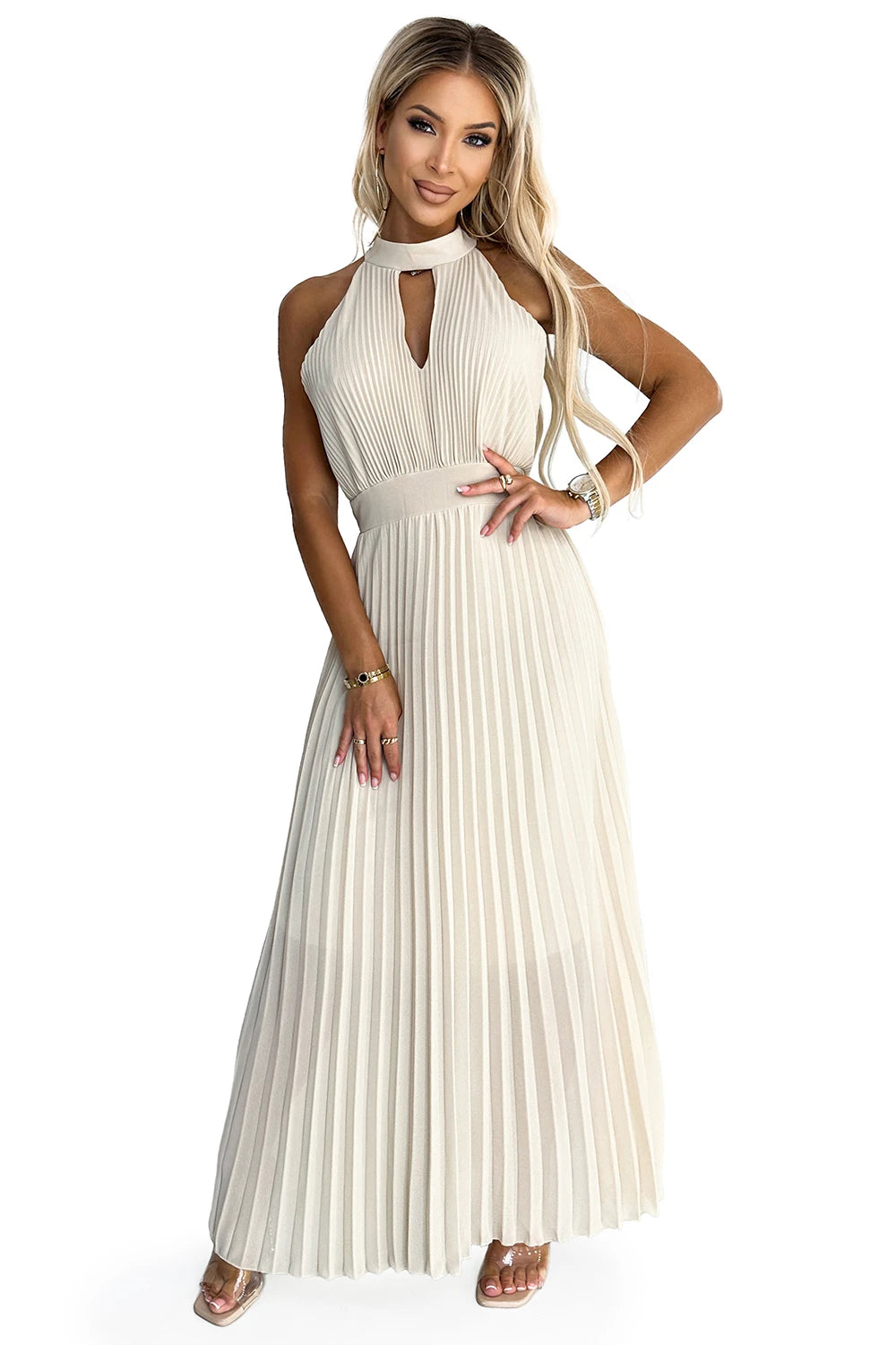 484-1 Plissee-Midikleid mit Tropfenausschnitt