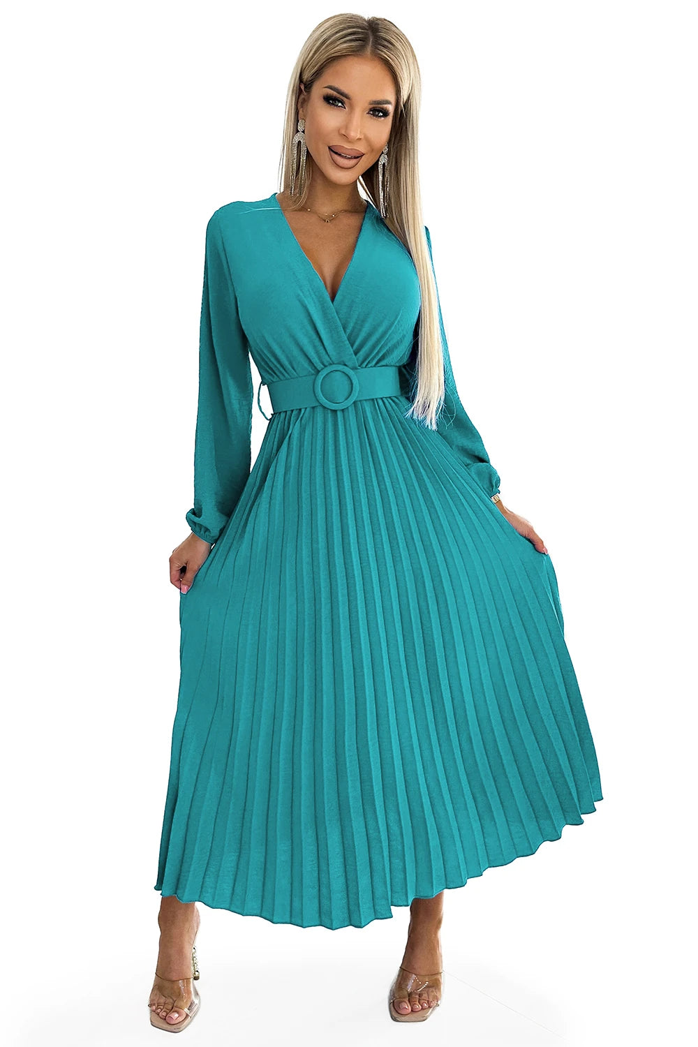 504-6 VIVIANA Plissee-Midikleid mit Ausschnitt, langen Ärmeln und breitem Gürtel - Meeresfarbe
