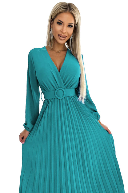 504-6 VIVIANA Plissee-Midikleid mit Ausschnitt, langen Ärmeln und breitem Gürtel - Meeresfarbe