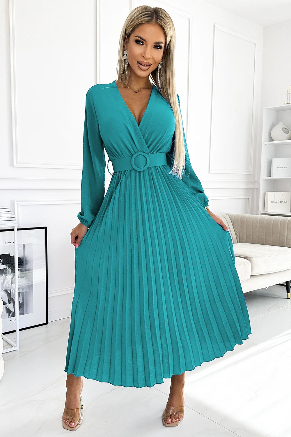 504-6 VIVIANA Plissee-Midikleid mit Ausschnitt, langen Ärmeln und breitem Gürtel - Meeresfarbe