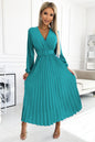 504-6 VIVIANA Plissee-Midikleid mit Ausschnitt, langen Ärmeln und breitem Gürtel - Meeresfarbe