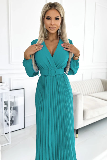 504-6 VIVIANA Plissee-Midikleid mit Ausschnitt, langen Ärmeln und breitem Gürtel - Meeresfarbe
