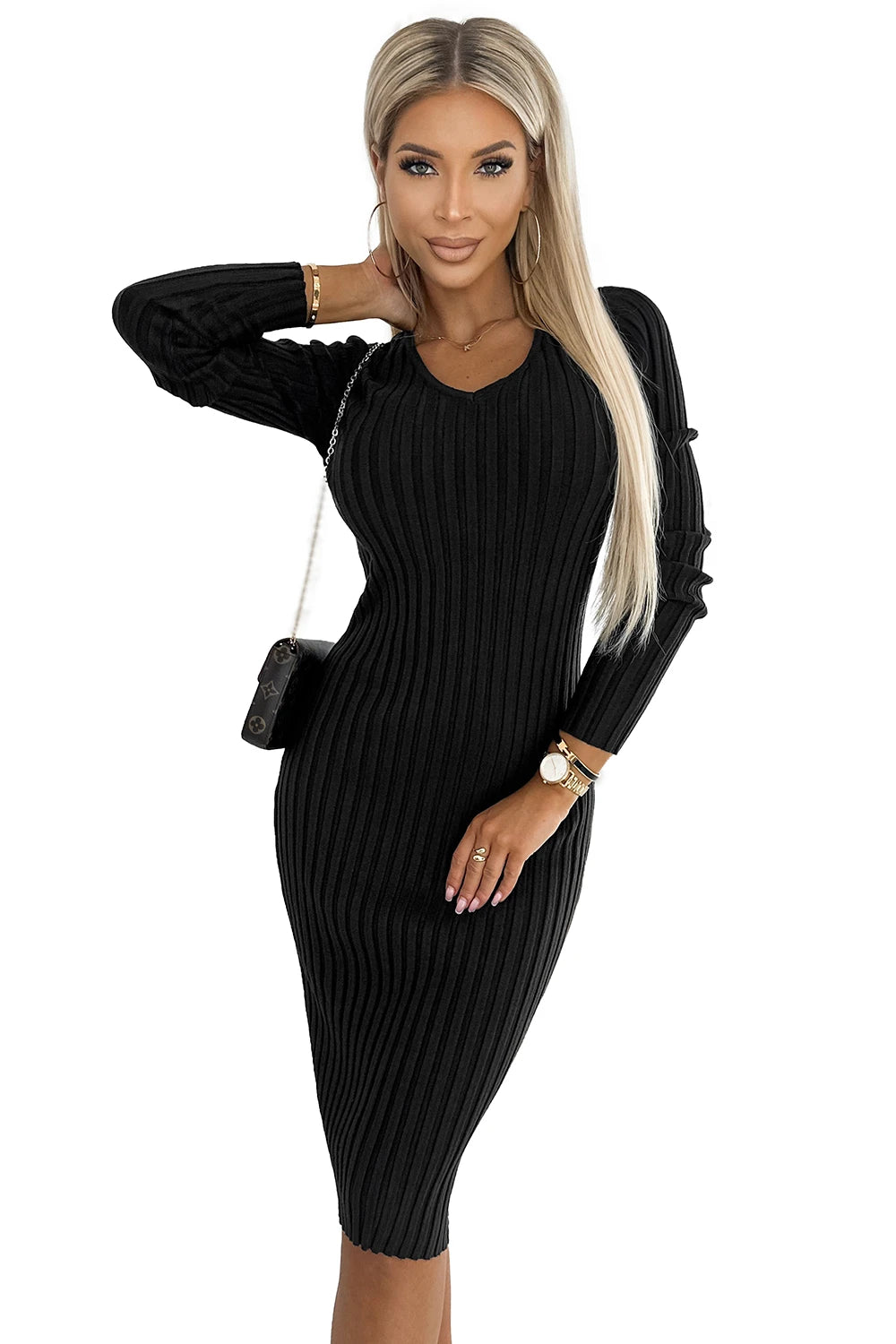 570-1 Bequemes Pulloverkleid mit V-Ausschnitt
