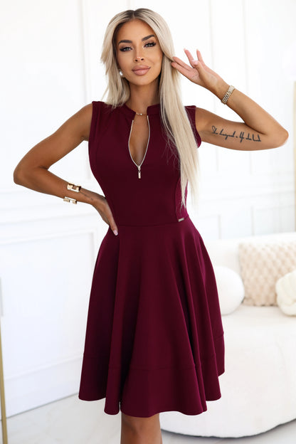 573-4 Exklusives Kleid mit ausgestelltem Saum und Reißverschluss - Burgunderrot