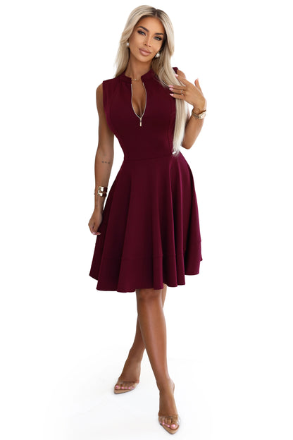 573-4 Exklusives Kleid mit ausgestelltem Saum und Reißverschluss - Burgunderrot