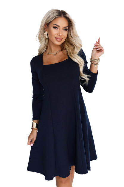 574-4 IVANA Bequemes Trapezkleid mit Ausschnitt und langem Ärmel - marineblau