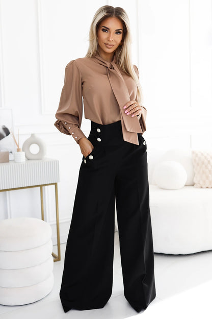 578-1 Eine einzigartige Business-Bluse mit langen Ärmeln, Krawatten und Knöpfen – karamellfarben - mocha mousse