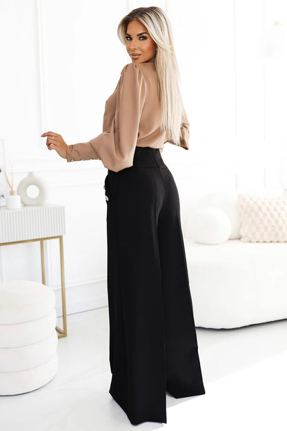 578-1 Eine einzigartige Business-Bluse mit langen Ärmeln, Krawatten und Knöpfen – karamellfarben - mocha mousse
