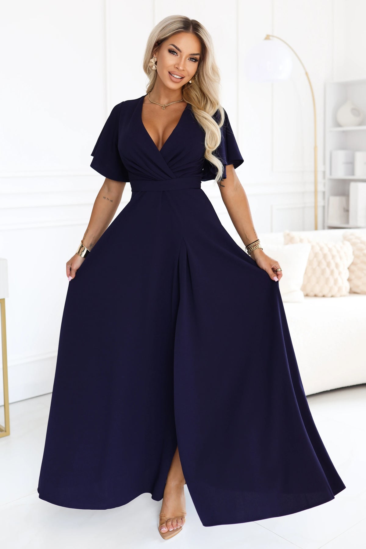 581-9 JENNIFER Langes Kleid mit Beinschlitz, Ärmel und Ausschnitt - marineblau