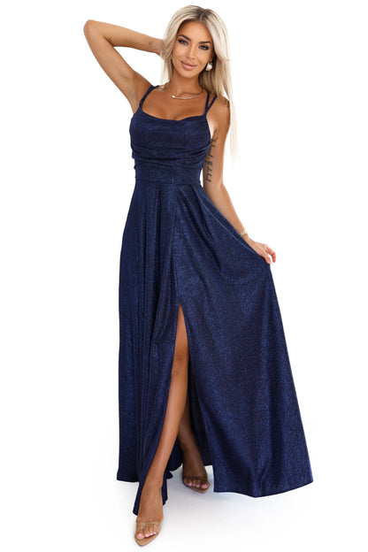 589-2 Langes Kleid mit dezentem Schimmer und Korsett-Rückenband – Marineblau mit Glitzer