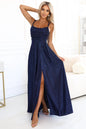 589-2 Langes Kleid mit dezentem Schimmer und Korsett-Rückenband – Marineblau mit Glitzer