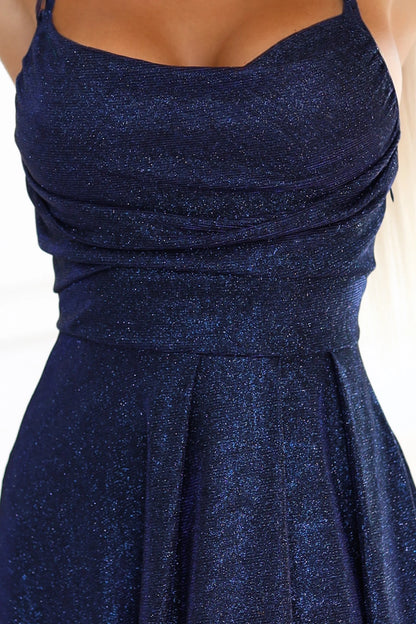 589-2 Langes Kleid mit dezentem Schimmer und Korsett-Rückenband – Marineblau mit Glitzer