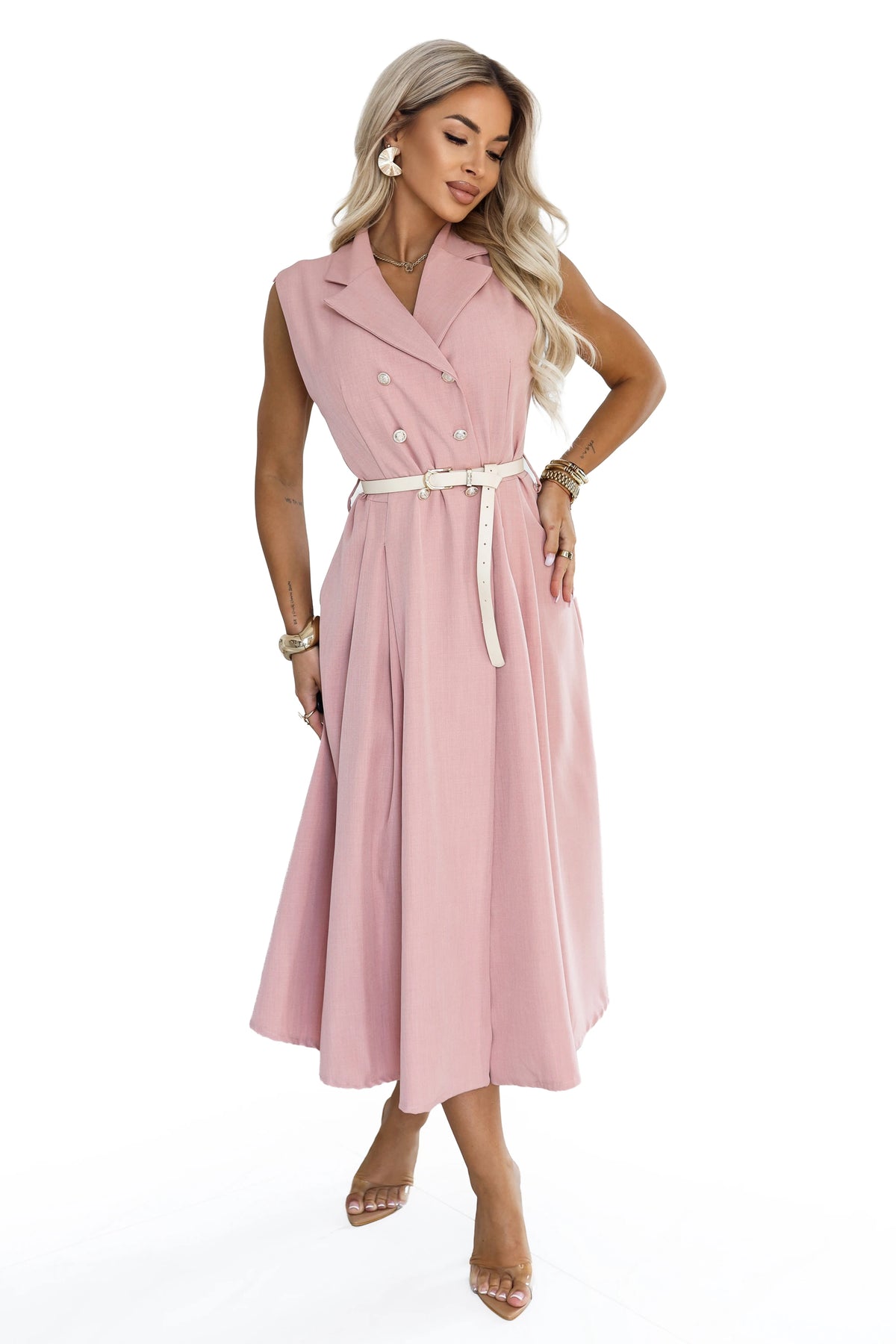 596-6 Elegantes Midi-Hemdblusenkleid mit Goldknöpfen und Gürtel - Puderrosa