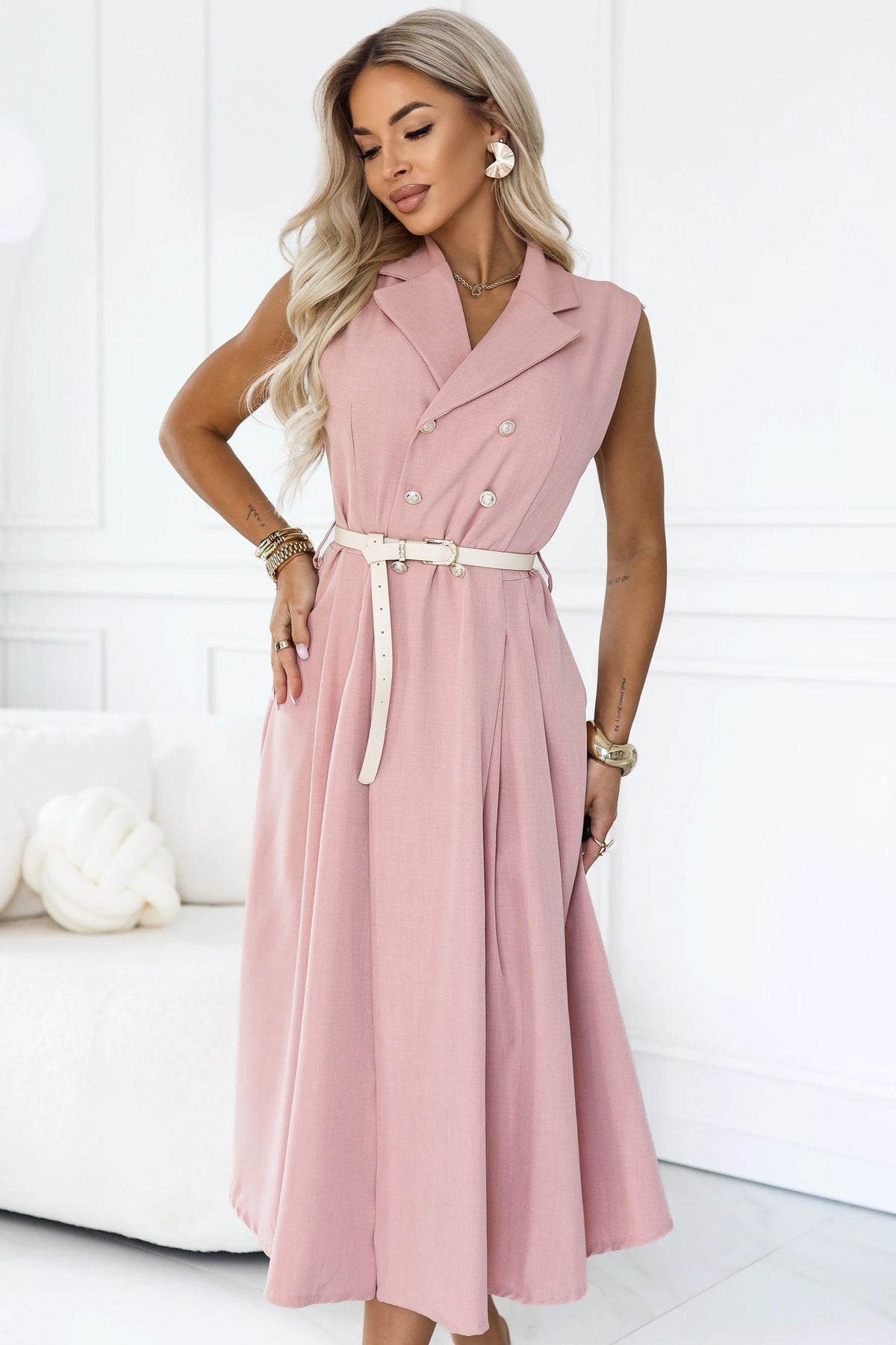 596-6 Elegantes Midi-Hemdblusenkleid mit Goldknöpfen und Gürtel - Puderrosa
