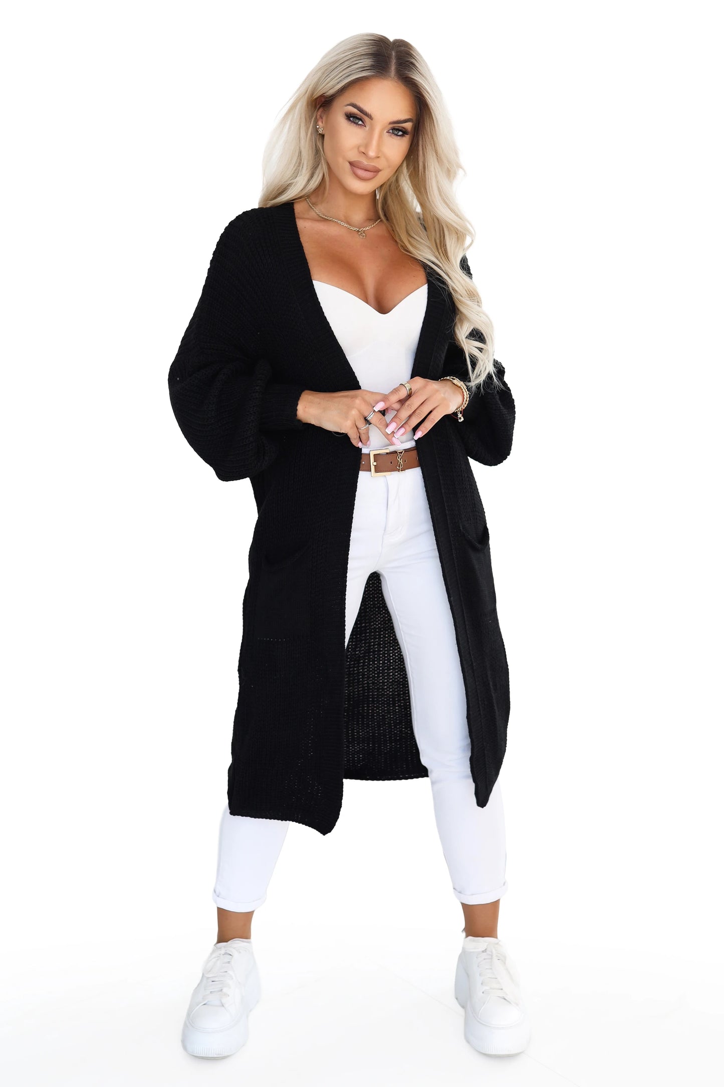 627-4 Langer gestrickter Damen-Cardigan mit Taschen und Puffärmeln