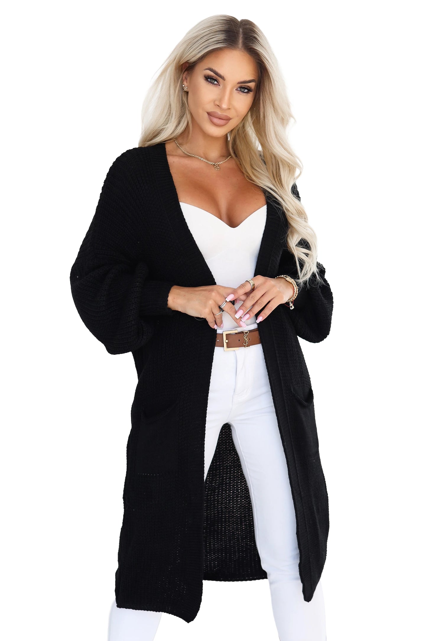 627-4 Langer gestrickter Damen-Cardigan mit Taschen und Puffärmeln