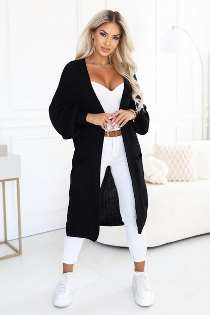 627-4 Langer gestrickter Damen-Cardigan mit Taschen und Puffärmeln