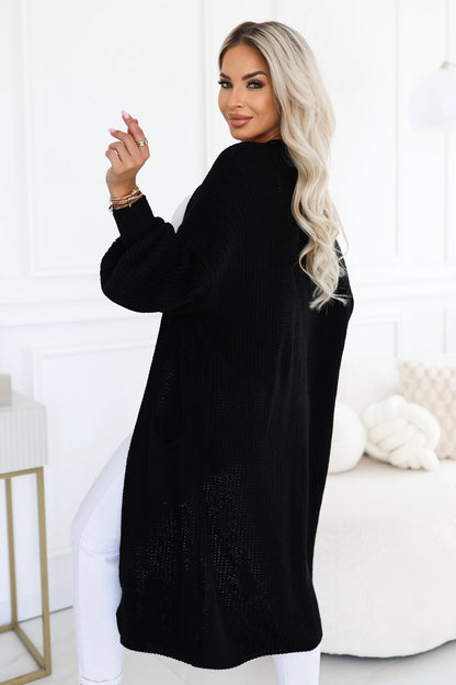 627-4 Langer gestrickter Damen-Cardigan mit Taschen und Puffärmeln