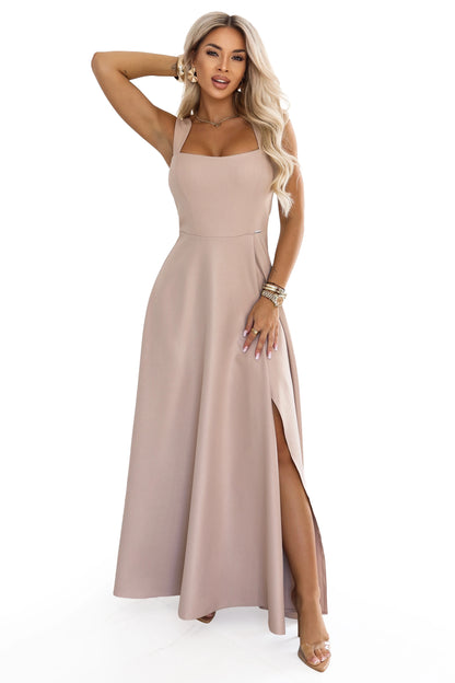 633-5 AURELIA Langes Kleid mit Schlitz und quadratischem Ausschnitt - dunkelbeige mit Glitzer