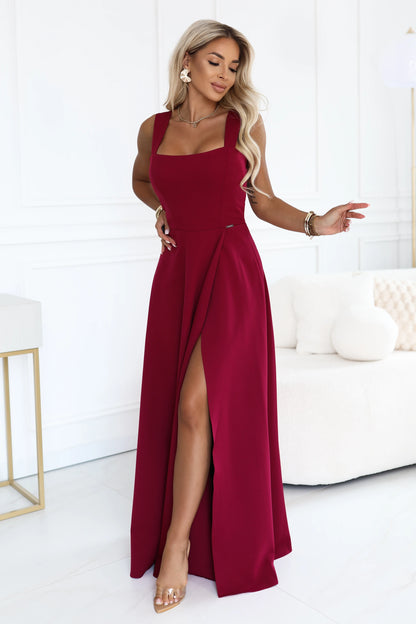 633-6 AURELIA Langes Kleid mit Beinschlitz und quadratischem Ausschnitt - bordeauxrot