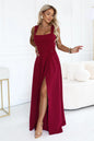 633-6 AURELIA Langes Kleid mit Beinschlitz und quadratischem Ausschnitt - bordeauxrot