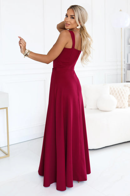 633-6 AURELIA Langes Kleid mit Beinschlitz und quadratischem Ausschnitt - bordeauxrot