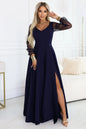 640-3 LORETTA einzigartiges langes Kleid mit Tüllärmeln und Ausschnitt - Marineblau