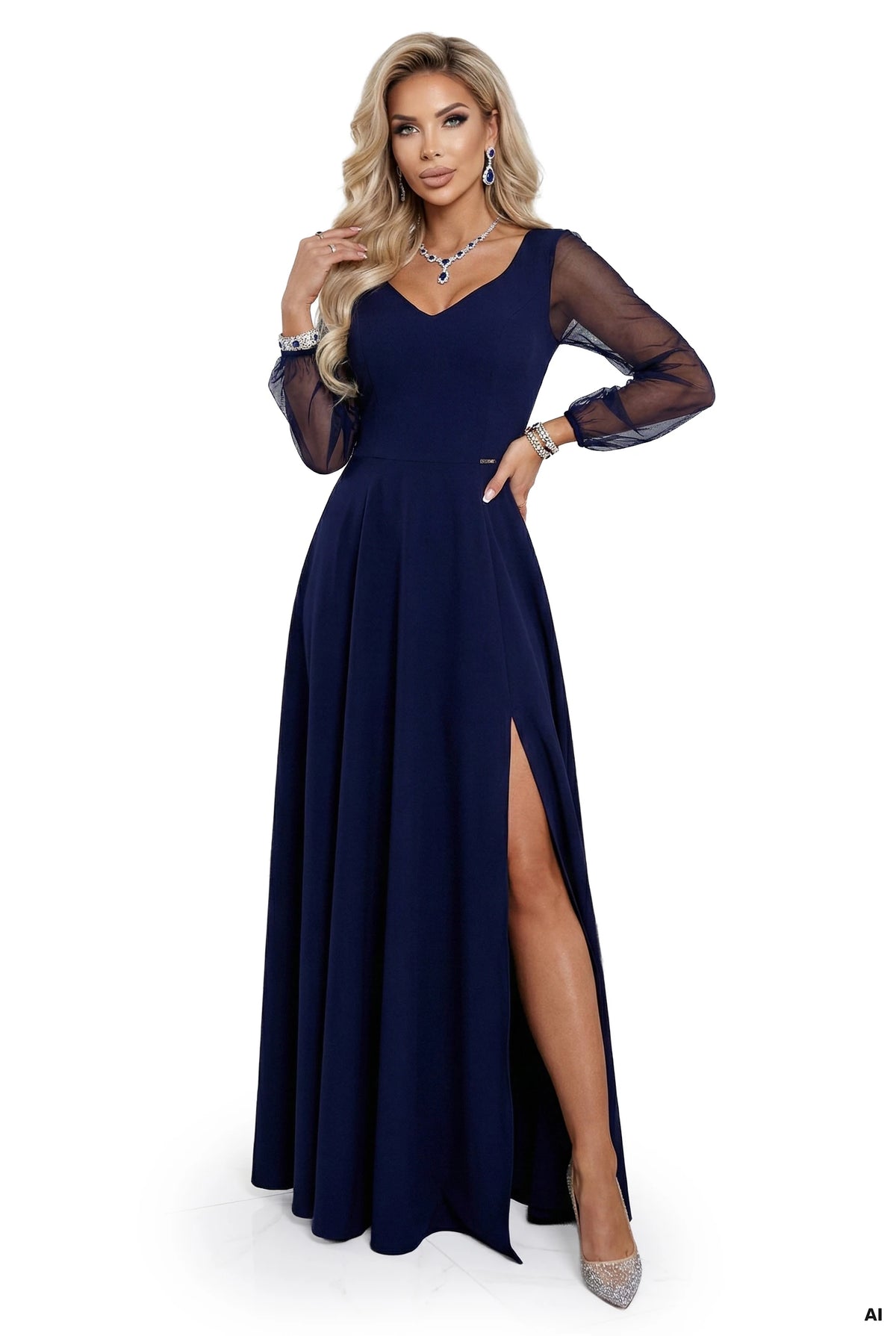 640-3 LORETTA einzigartiges langes Kleid mit Tüllärmeln und Ausschnitt - Marineblau