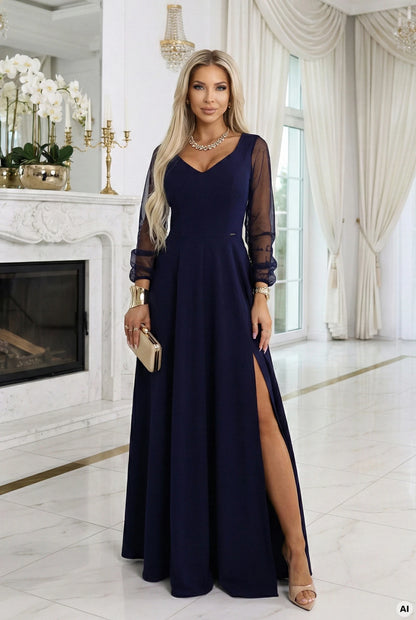640-3 LORETTA einzigartiges langes Kleid mit Tüllärmeln und Ausschnitt - Marineblau