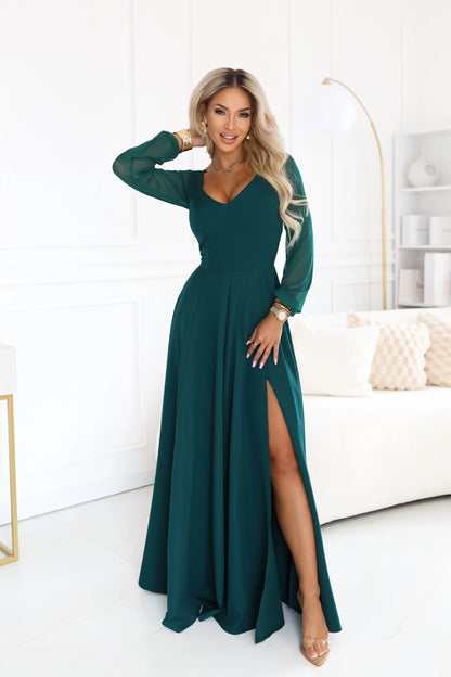 640-6 LORETTA Außergewöhnliches langes Kleid mit Tüllärmeln und Ausschnitt