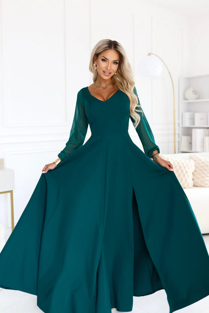 640-6 LORETTA Außergewöhnliches langes Kleid mit Tüllärmeln und Ausschnitt