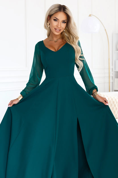 640-6 LORETTA Außergewöhnliches langes Kleid mit Tüllärmeln und Ausschnitt