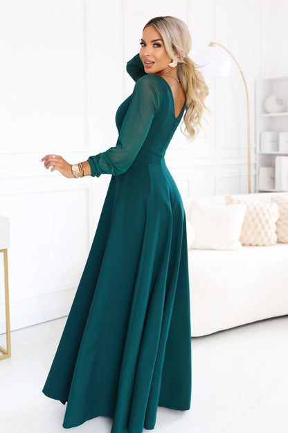 640-6 LORETTA Außergewöhnliches langes Kleid mit Tüllärmeln und Ausschnitt