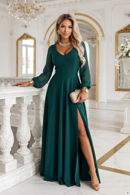 640-6 LORETTA Außergewöhnliches langes Kleid mit Tüllärmeln und Ausschnitt