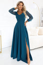 640-7 LORETTA Außergewöhnliches langes Kleid mit Tüllärmeln und Ausschnitt - meergrün