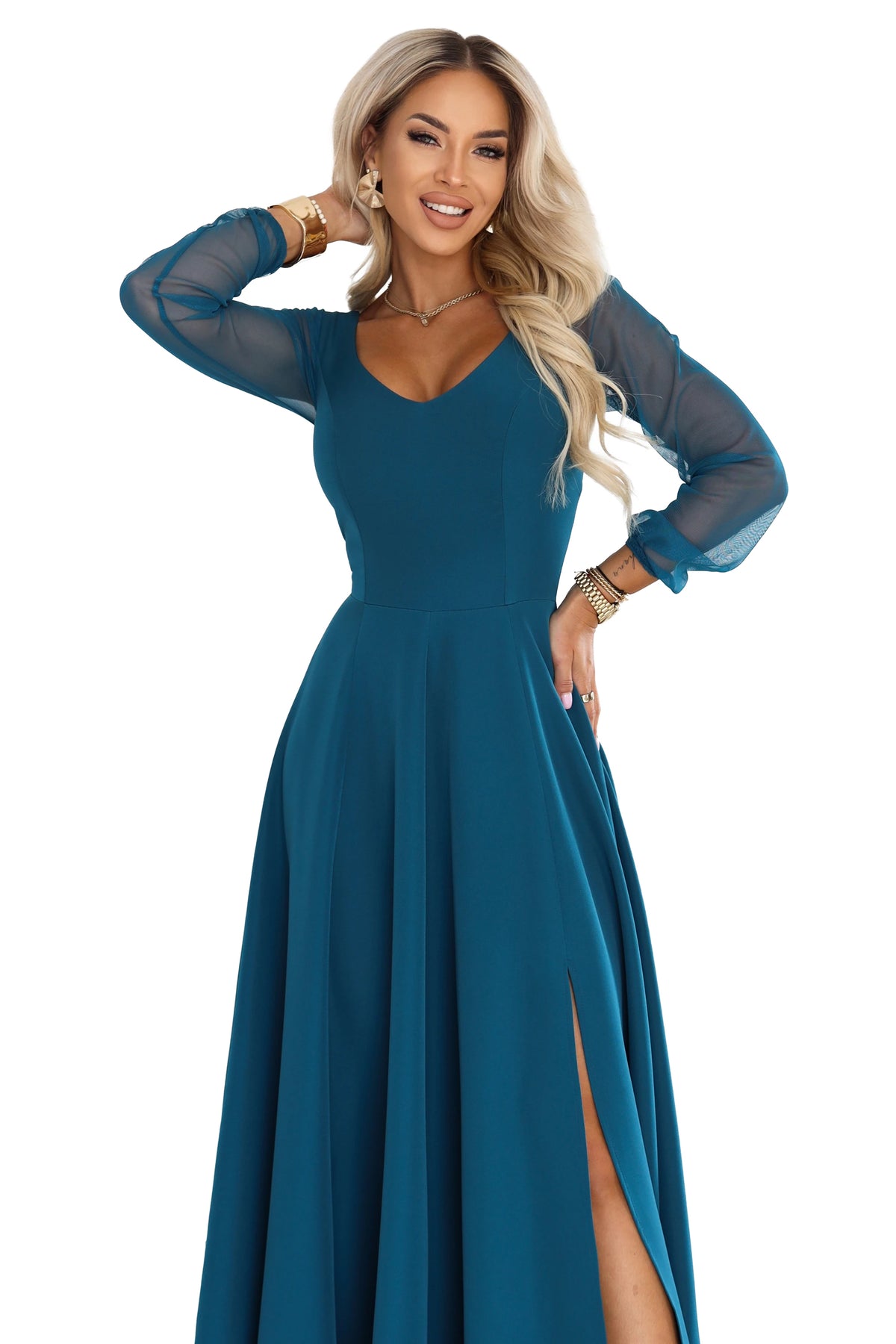 640-7 LORETTA Außergewöhnliches langes Kleid mit Tüllärmeln und Ausschnitt - meergrün